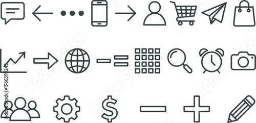 Minimal line icon set featuring communication, business, navigation, and shopping interface symbols for modern web and mobile applications