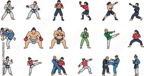 Martial Arts Action Illustration Set Featuring Fighters, Boxing, and Combat Poses