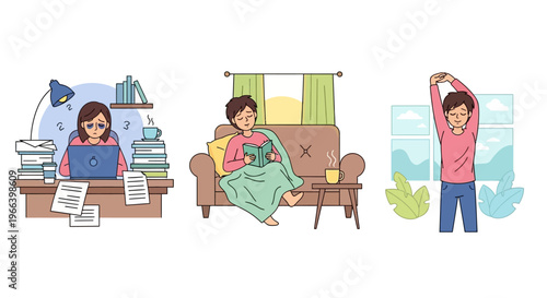 Mental Health Daily Life – Stress and Relaxation Cartoon Vector Illustration