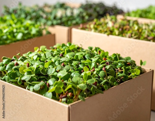 Assortment of fresh microgreens in cardboard boxes ready for harvest and delivery