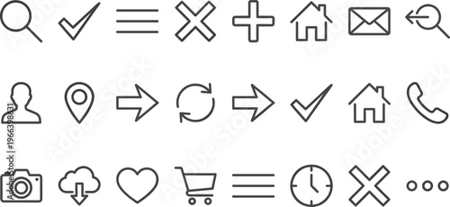 Minimal line icon set featuring navigation, communication, user interface, and shopping symbols for modern web and mobile application design
