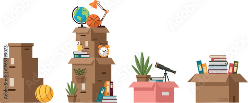 Moving and Storage Illustration Set with Stacked Boxes, Books, Plants, and Personal Items for Relocation, Organization, and Packing Solutions