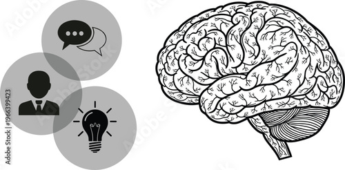 Flat vector illustration of human brain with circular icons containing speech bubbles, business person, and light bulb for psychology, communication, ideas.