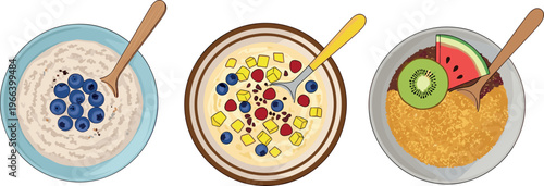 Nutritious Breakfast Bowls with Oats, Fresh Fruits, and Healthy Toppings for Wellness, Fitness, and Balanced Diets