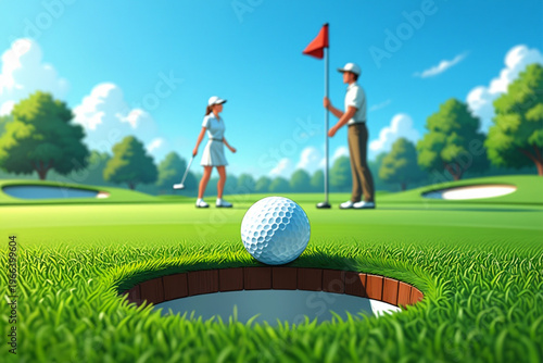 Cartoon characters playing mini golf with a colorful ball on a green course