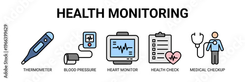 Health Monitoring web banner icon vector illustration concept with icons of thermometer, blood pressure monitor, heart monitor, health check, and medical checkup.