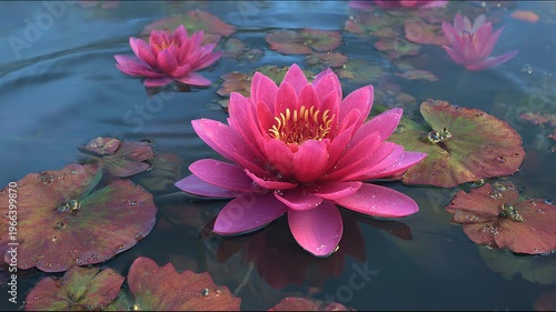Vibrant pink water lilies blooming on calm water surface