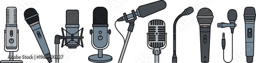 Microphone Set with Studio Condenser Dynamic Handheld and Vintage Retro Mics for Podcast Recording Broadcasting Music Audio Equipment Vector Collection