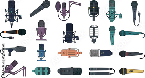 Microphone Collection Set with Studio Condenser Dynamic and Vintage Retro Mics for Podcast Recording Broadcasting Music Audio Equipment Vector Illustration