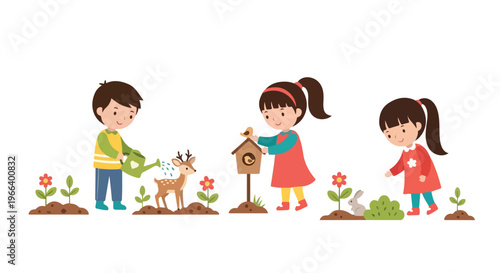 This charming vector illustration shows three happy children caring for nature by watering a deer, tending to a birdhouse, and observing a rabbit.