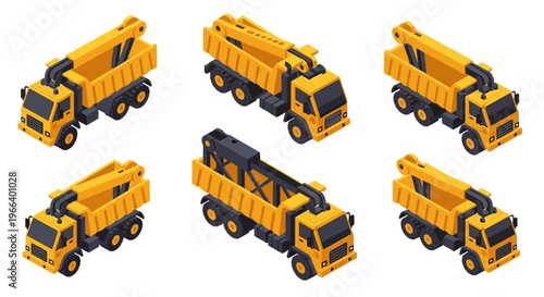 Collection of Yellow Construction Crane Trucks in Isometric View.