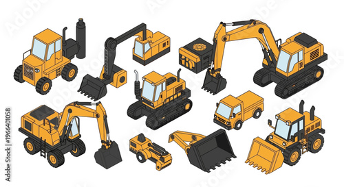 Collection of Yellow Construction Vehicles in Isometric View.