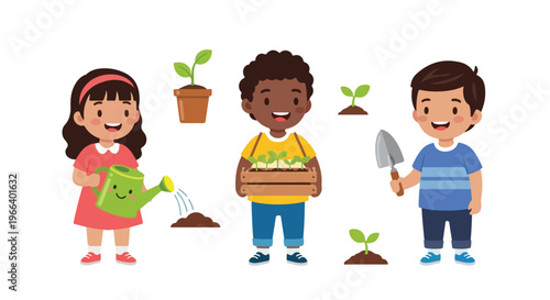 This vector illustration depicts three diverse children joyfully participating in various gardening activities like planting and watering.