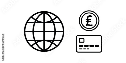 Black and white of globe credit card and euro currency symbol euro symbol finance in white background