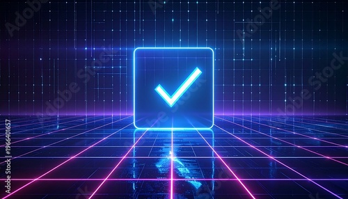 Futuristic Glowing Check Mark on Grid Background.