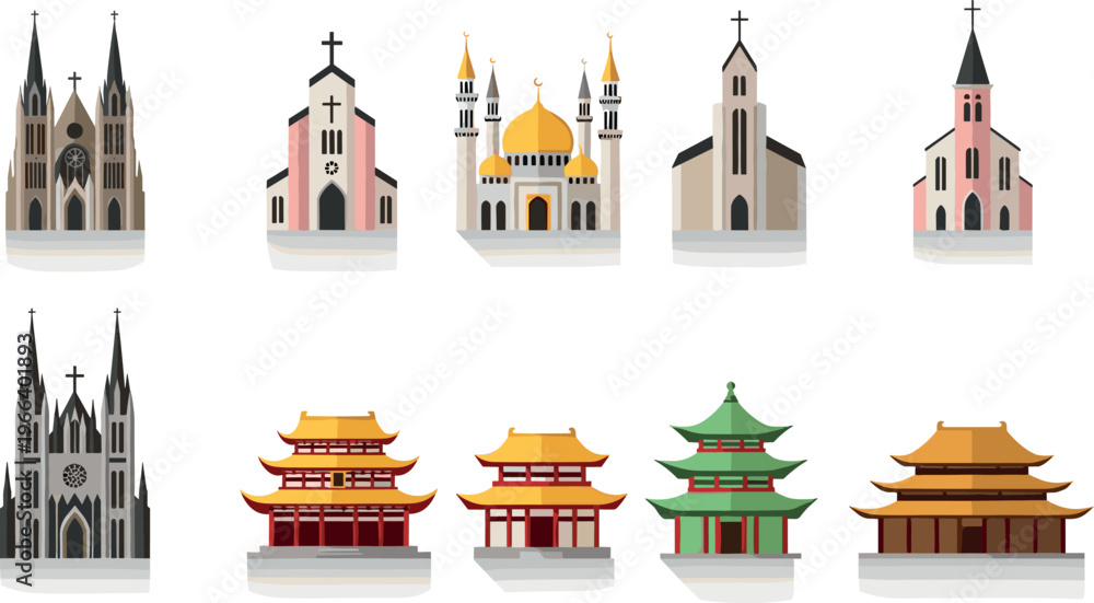 Obraz premium Religious and Cultural Architecture Illustration Set Featuring Churches, Mosques, Temples, and Pagodas