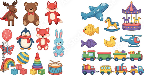 Playful Toy and Animal Illustration Set Featuring Bears, Foxes, Cars, Balloons, Trains, and Fun Playtime Items for Kids, Parties, and Nursery Design