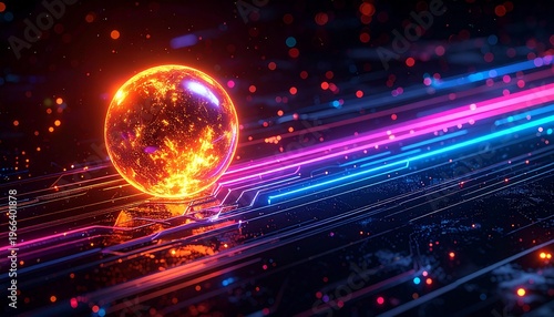 Futuristic Glowing Orb with Neon Trails and Circuit Board Design.
