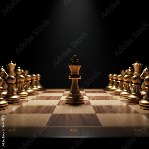 Golden chess piece on chessboard, aligned. Represents strategy, intelligence, and classic game, symbolizing thoughtful competition and planning, Strategic Success & Leadership