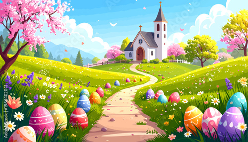 Easter eggs decorated in vibrant colors scattered across a lush green meadow leading to a charming church under a bright blue sky with blooming cherry blossoms
