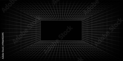 Futuristic perspective grid box. Abstract wireframe with white grid line on black background. Virtual reality landscape in 80s 90s digital style. Vector