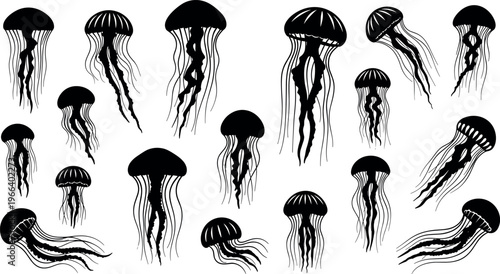 Set of Black Jellyfish Illustrations with Tentacles and Bubbles for Ocean and Marine Life Designs