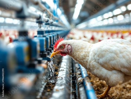 Close-up of a white broiler chicken drinking fresh water from an automated nipple drinker system in a large, modern industrial poultry farm, with other chickens blurred in the background.