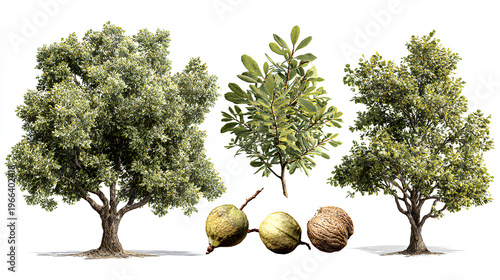 Set of Quercus faginea (The gall oak, holm oak or Valencian oak) isolated in sunny daylight on a white background background perfectly cutout Stock Illustration 