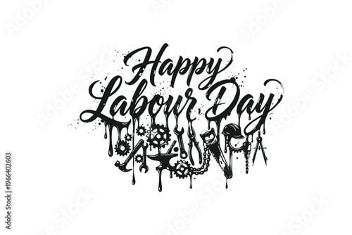 Happy Labour Day Greeting with Industrial Tools and Gears