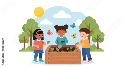 Three diverse children are happily learning about composting and environmental care by putting leaves and soil into a wooden garden bin outdoors.