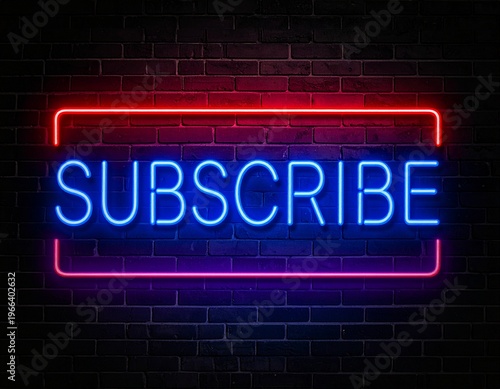 Neon Subscribe Sign on Dark Brick Wall – Glowing Social Media Concept