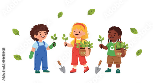 Three diverse children are happily gardening together, holding seedlings and baskets of eco-friendly plants while surrounded by falling green leaves.