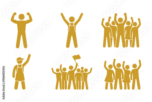 People celebrating success with raised arms in groups and alone