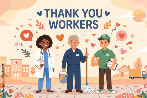 Thank You Workers Appreciation Illustration with Diverse Professionals