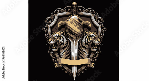 Heraldic Crest with Tigers and Sword - Vintage Emblem Design
