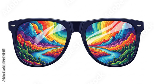 Sunglasses reflecting a vibrant, surreal landscape with a rainbow arching over mountains and a river
