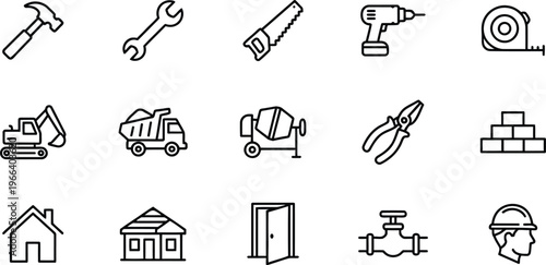 A collection of construction tools and equipment icons on a white background