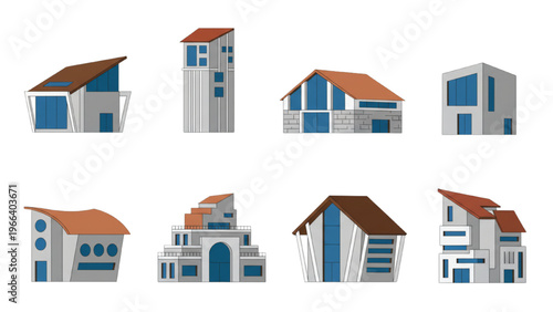 Diverse Set of Contemporary House Illustrations with Unique Styles