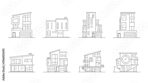 Set of modern minimalist house outlines on a white background