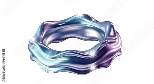 Abstract metallic ring sculpture with a dynamic wavy form and shimmering reflective blue and purple gradient hues, a modern fluid elegance in 3D graphic design