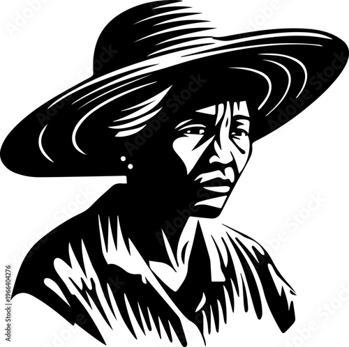 Hand Drawn Elderly Female Farmer Black and White Illustration in Minimal Solid Art Style Design