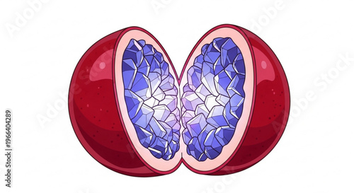 Vibrant illustration of a ruby-red pomegranate, perfectly split to reveal a mesmerizing array of deep purple and sapphire-blue arils, showcasing its intricate internal beauty