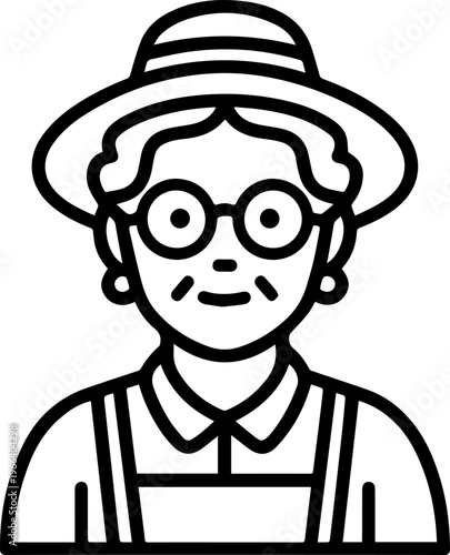 Hand Drawn Elderly Female Farmer Black and White Illustration in Minimal Solid Art Style Design