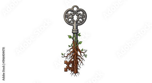 Ornate vintage skeleton key with lush green leaves and complex roots symbolizing discovery, organic growth, natural potential, and the unlocking of hidden secrets