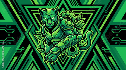 Green robotic cat illustration art.
