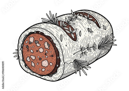 Hand-drawn illustration of a cured sausage wrapped in a pastry with herbs