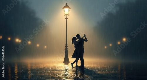 Silhouetted couple performs a romantic dance beneath a glowing streetlamp during a heavy downpour