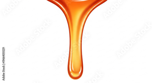 Lustrous golden-orange liquid dripping gracefully on a pristine white background, showcasing a smooth, viscous flow suitable for food, beauty, or industrial concepts