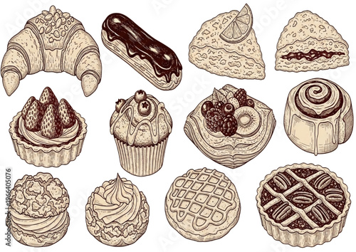 Collection of delicious baked goods, including pastries, cakes, and tarts