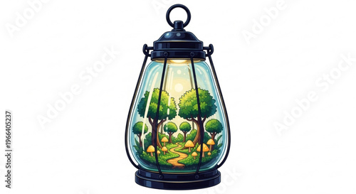 Enchanted Miniature Forest Wonderland Encapsulated in a Glowing Vintage Lantern, Featuring Whimsical Trees and Illuminated Mushrooms on a Mystical Path